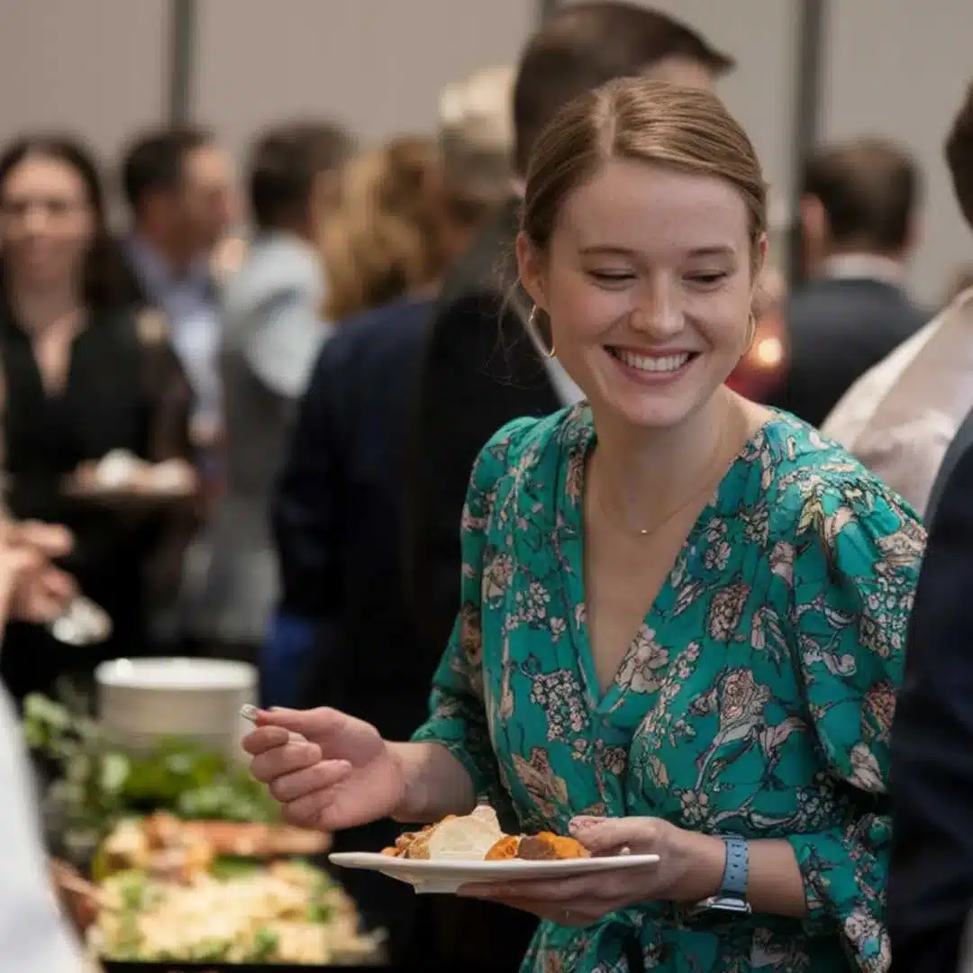 Mujer disfrutando de una comida en un evento social