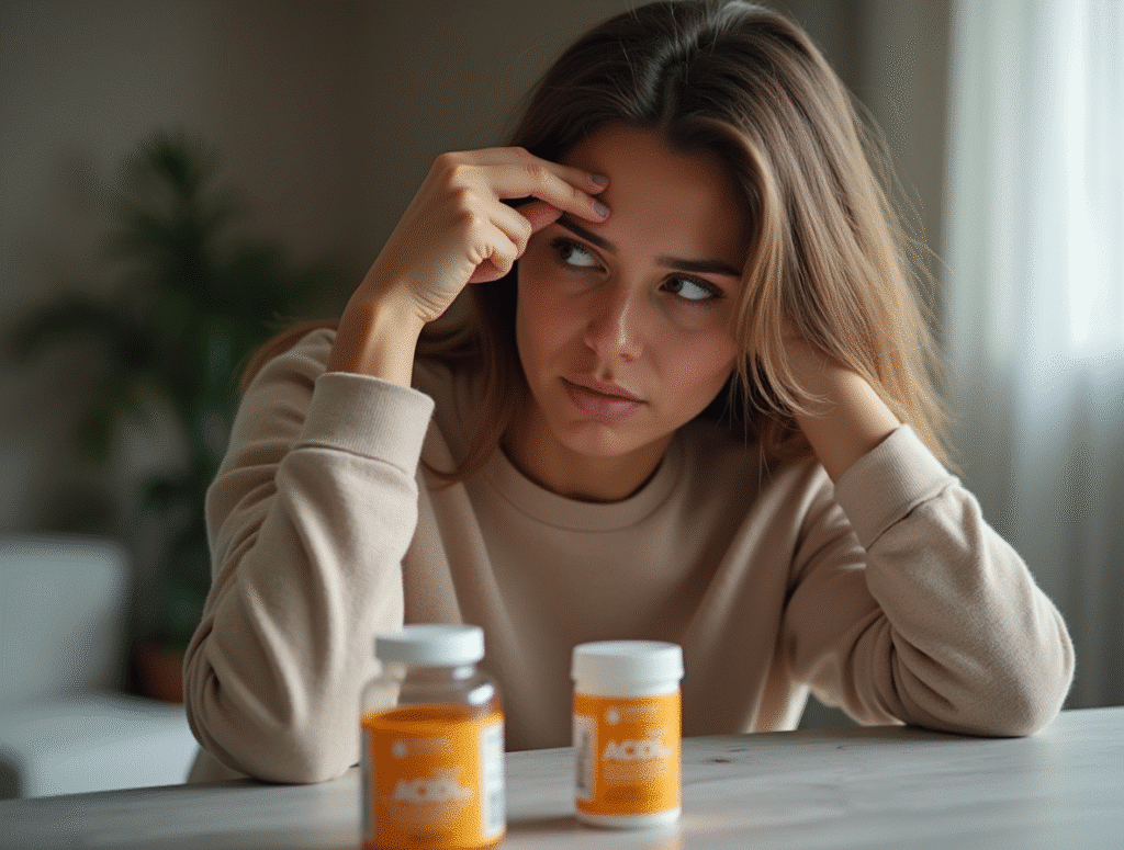 una mujer embarazada dudando de que suplemento de ácido fólico tomar