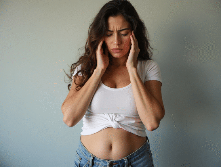 una mujer embarazada con gesto evidente de preocupación en su cara por su peso corporal