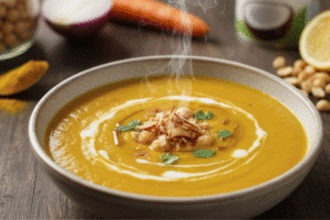 Crema de garbanzos al curry con leche de coco