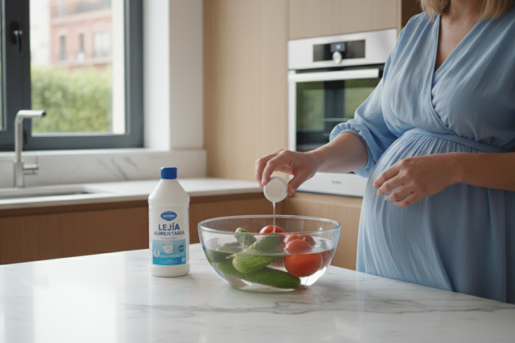 Mujer embarazada desinfectando frutas y verduras con lejía alimentaria