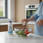 Mujer embarazada desinfectando frutas y verduras con lejía alimentaria