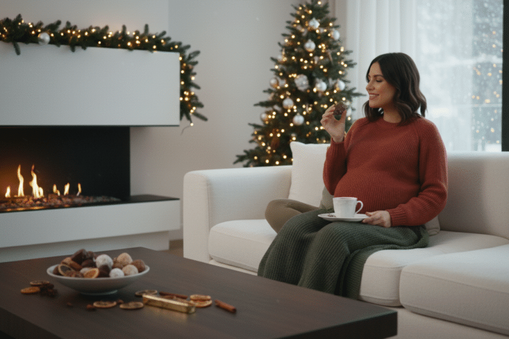 Mujer embarazada disfrutando dulces navideños con tranquilidad