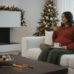 Mujer embarazada disfrutando dulces navideños con tranquilidad