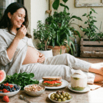 Mujer embarazada comiendo alimentos saludables para tensión baja