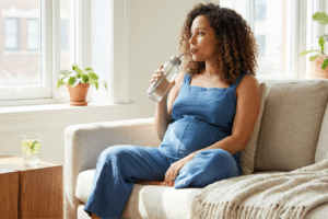 Embarazada bebiendo agua hidratación tensión baja