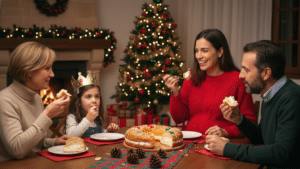Embarazada disfrutando roscón reyes familia Navidad