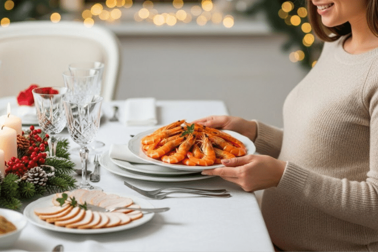 Mujer decidiendo qué comer en Navidad embarazada de forma segura en una cena festiva.