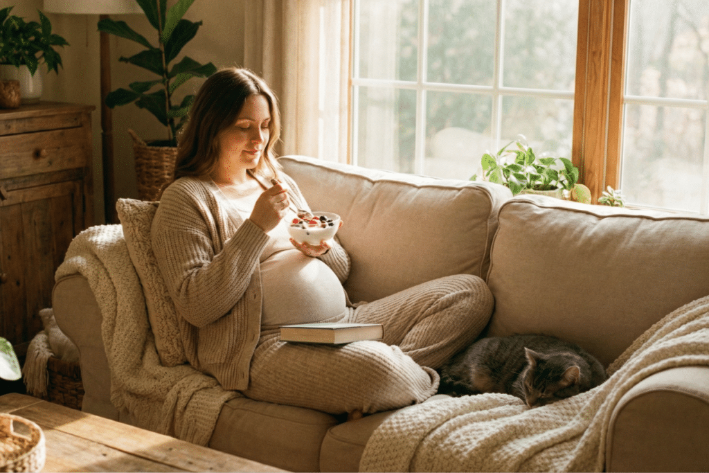 Mujer embarazada comiendo yogur con frutos rojos para controlar la tensión alta en el embarazo.