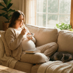 Mujer embarazada comiendo yogur con frutos rojos para controlar la tensión alta en el embarazo.