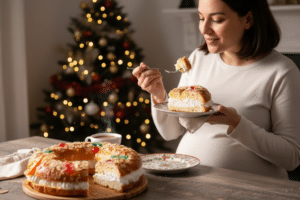 Mujer embarazada comiendo roscón de reyes con seguridad
