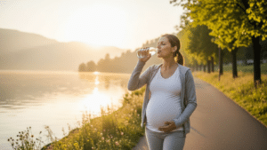 Embarazada bebiendo agua caminar aliviar edema.