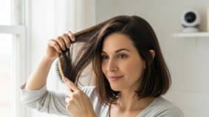 Madre posparto tranquila recuperación caída cabello natural