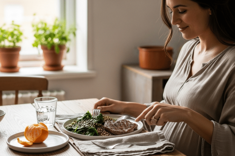 Mujer embarazada comiendo alimentos ricos hierro embarazo saludable