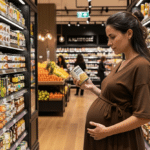 Mujer embarazada eligiendo conservas seguras supermercado