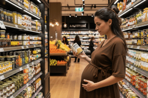 Mujer embarazada eligiendo conservas seguras supermercado