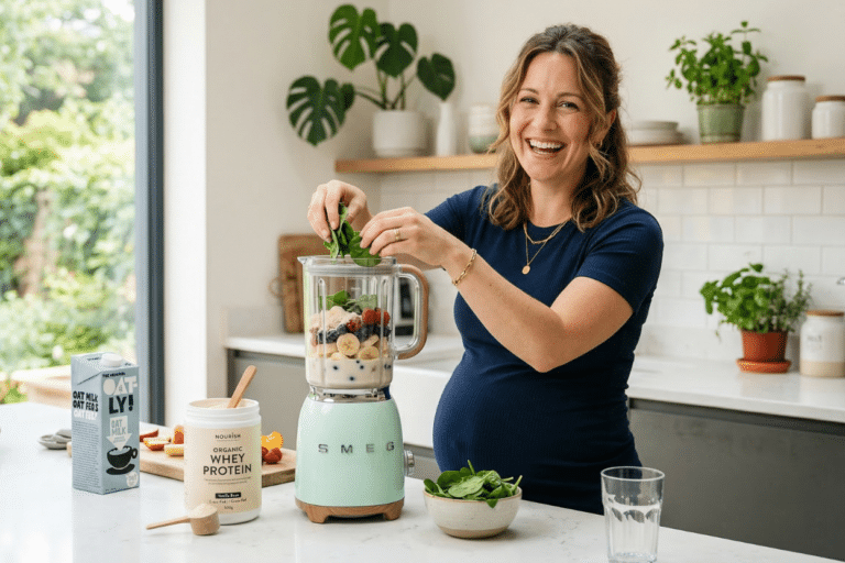 Embarazada preparando batido de proteína en polvo