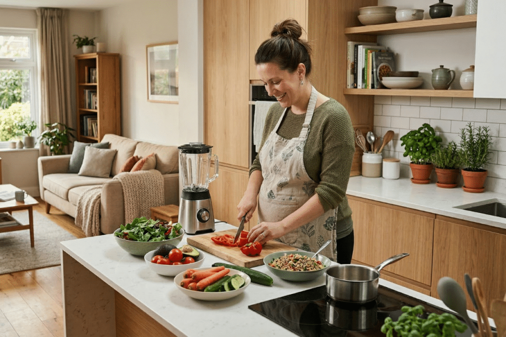 Mujer embarazada preparando comida real nueva pirámide nutricional 2026