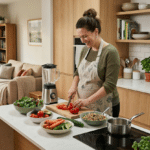 Mujer embarazada preparando comida real nueva pirámide nutricional 2026
