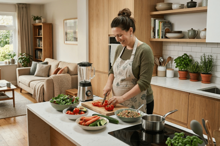 Mujer embarazada preparando comida real nueva pirámide nutricional 2026