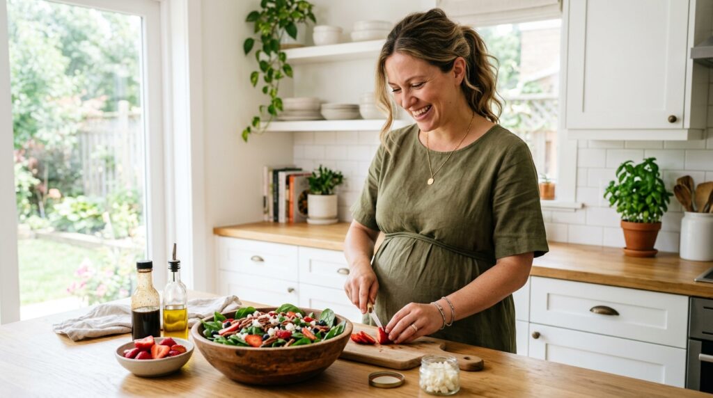 Mujer embarazada preparando alimentos saludables de marzo