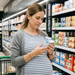 Mujer embarazada leyendo la etiqueta de un producto para saber si es un alimento pasteurizado en el embarazo en el supermercado.