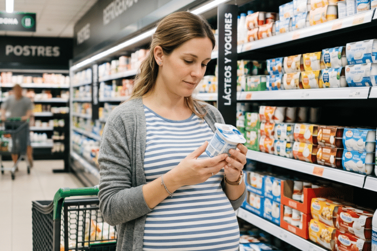 Mujer embarazada leyendo la etiqueta de un producto para saber si es un alimento pasteurizado en el embarazo en el supermercado.