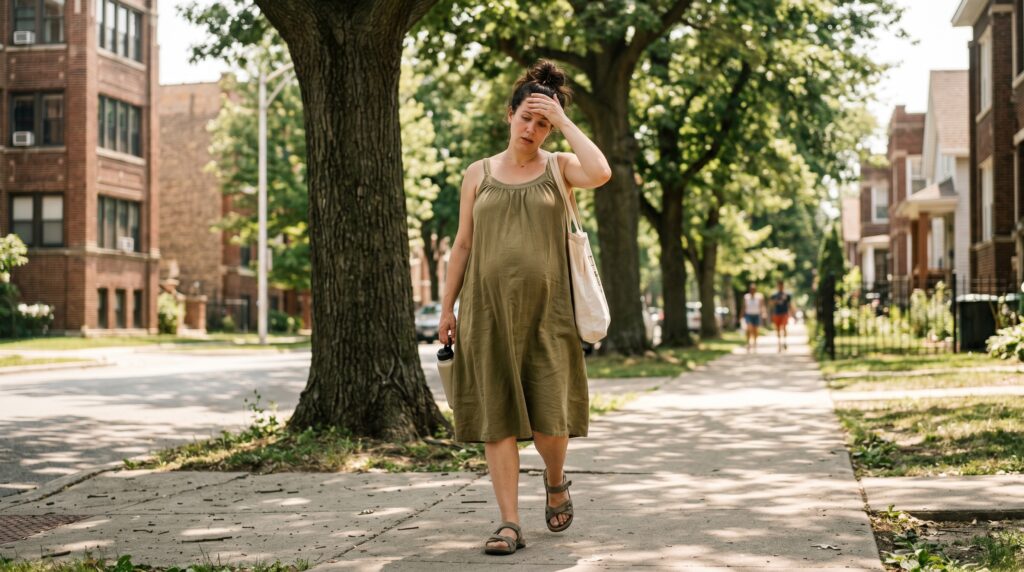 mujer pasando mucho calor en el embarazo.