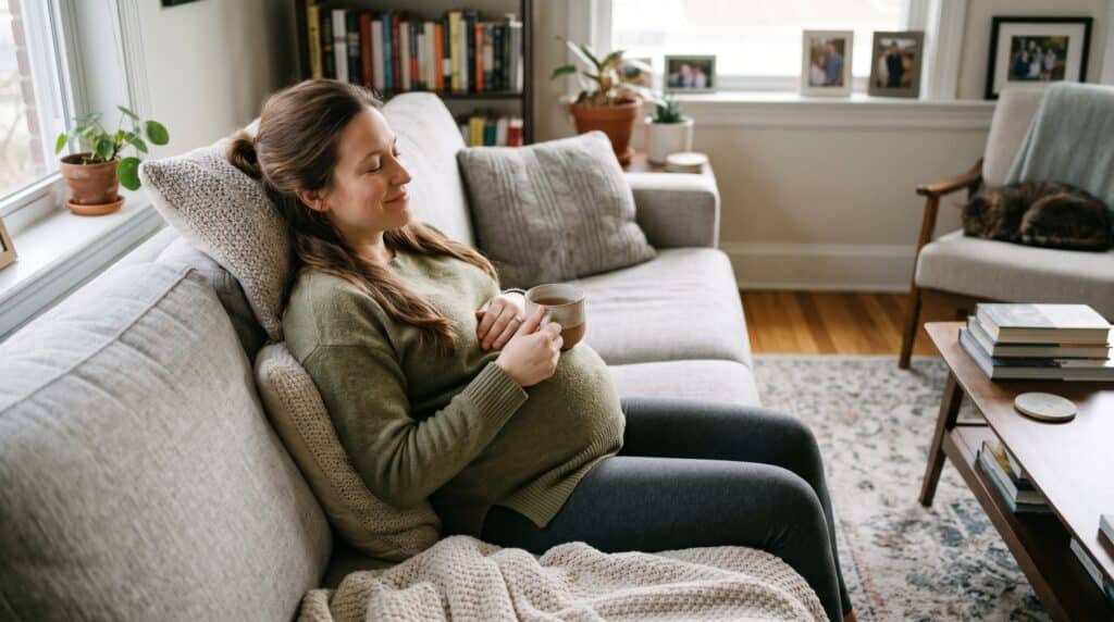 Mujer embarazada descansando en el sofá con una taza, expresión de paz. ALT: «preeclampsia leve embarazo descanso alimentación