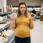 Mujer embarazada eligiendo queso en el supermercado durante el embarazo