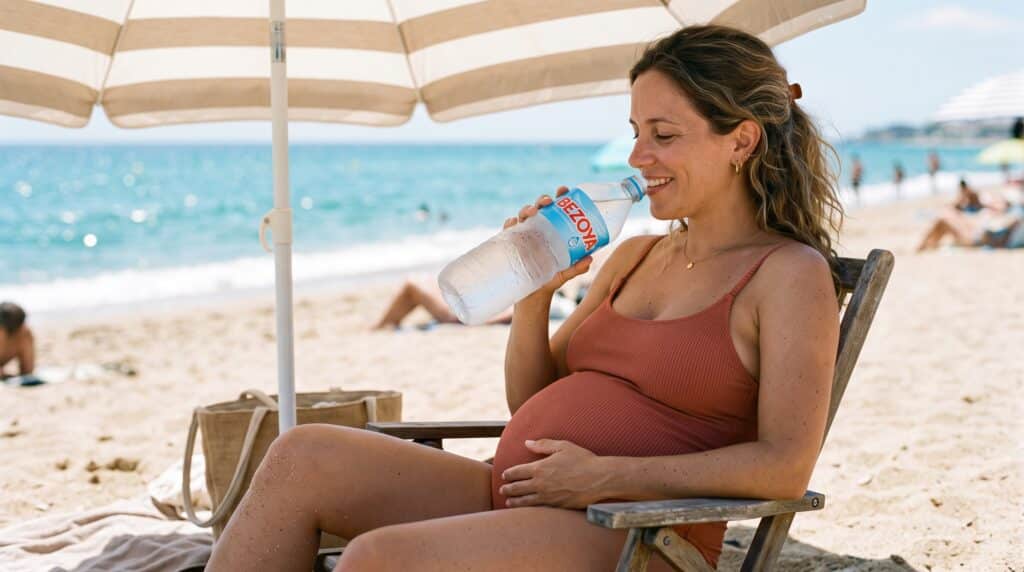 Hidratación en la playa durante el embarazo con agua