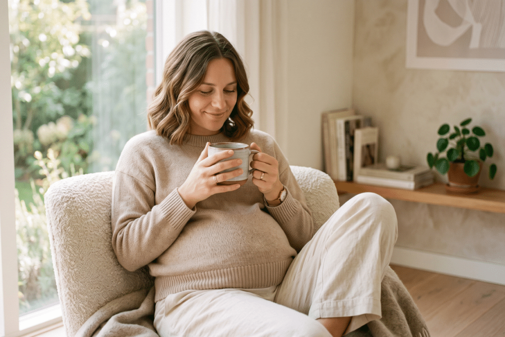 Mujer embarazada tomando café con tranquilidad