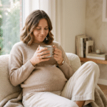 Mujer embarazada tomando café con tranquilidad