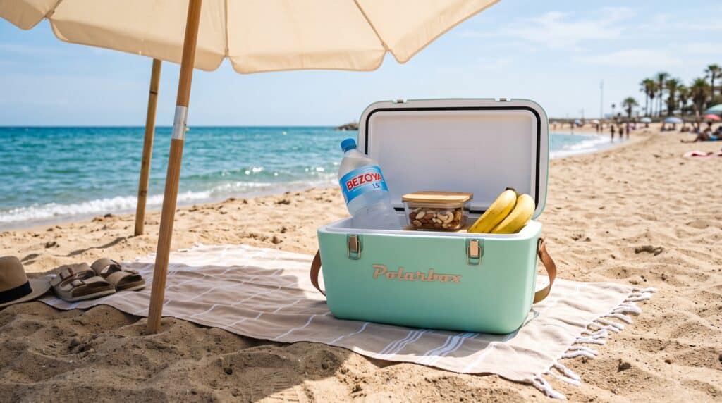 Nevera portátil con alimentos seguros para la playa en el embarazo