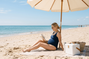 Mujer embarazada comiendo de forma segura en la playa
