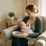 Madre comiendo mientras amamanta a su bebé en casa