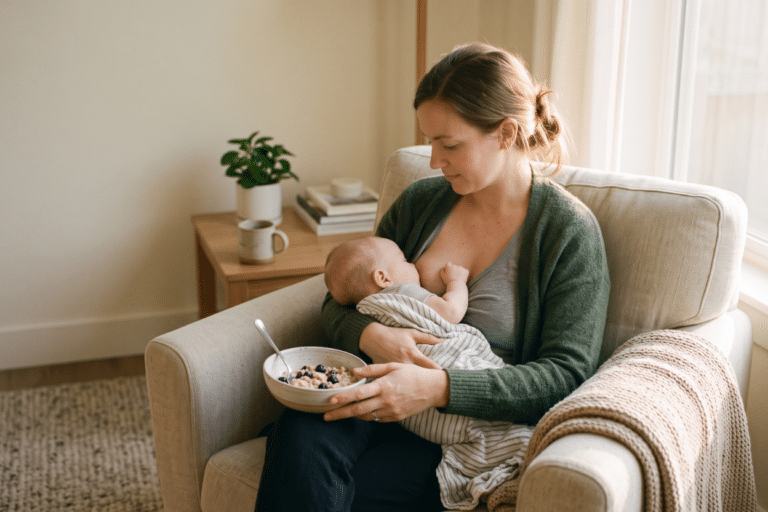 Madre comiendo mientras amamanta a su bebé en casa