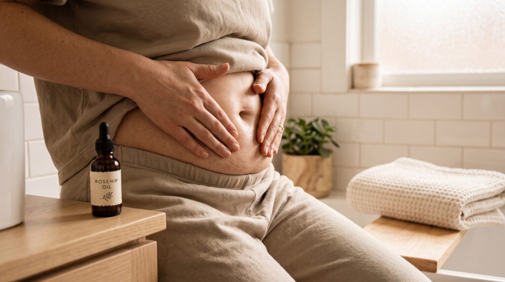 Masaje con aceite vegetal para cuidar las estrías de la piel tras el parto