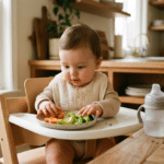 Bebé sentado en la trona empezando la alimentación complementaria