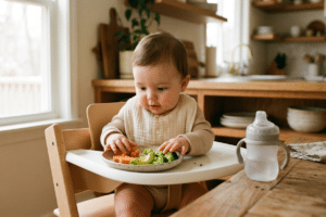 Bebé sentado en la trona empezando la alimentación complementaria