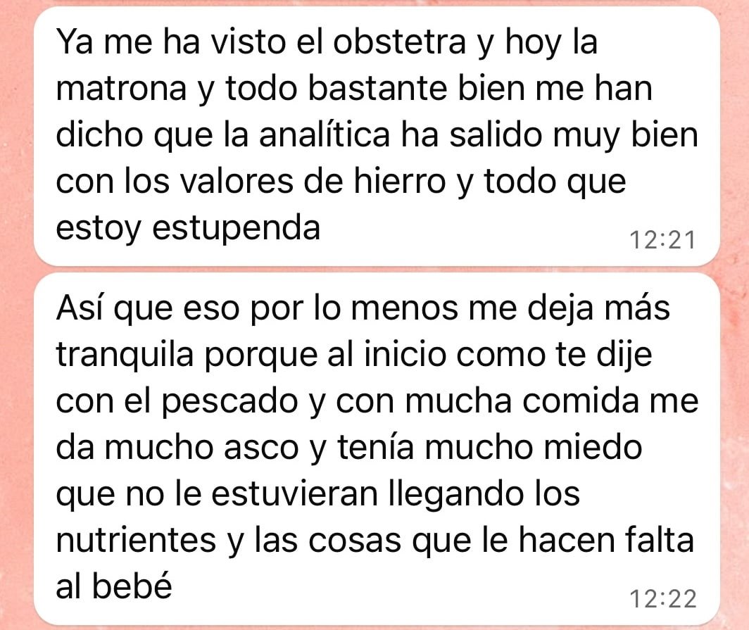 Mensaje de una clienta: analítica muy bien pese a todos los miedos que tenía por que no le llegaran los nutrientes al bebé