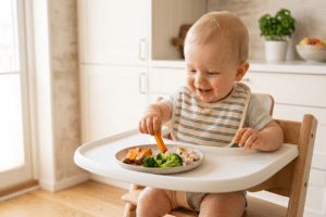 Bebé comiendo en la trona recetas ricas en hierro para bebés