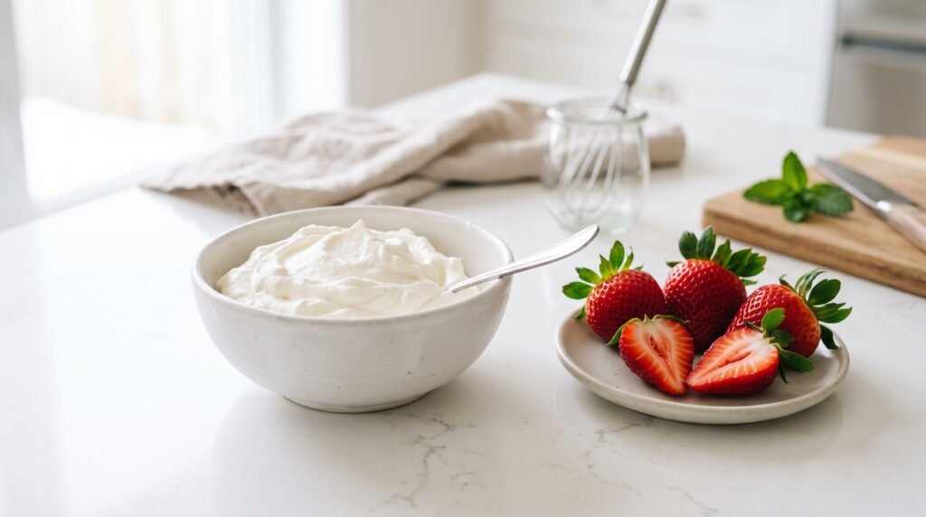 Nata montada casera con fresas, segura para embarazadas si se mantiene en frío
