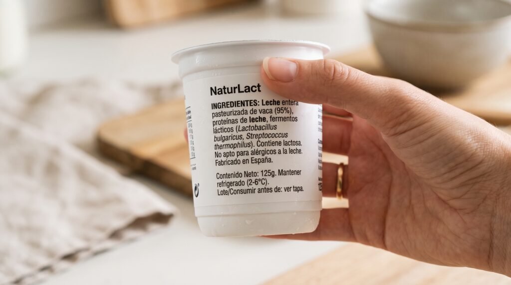 Lista de ingredientes de un yogur con leche desnatada reconstituida