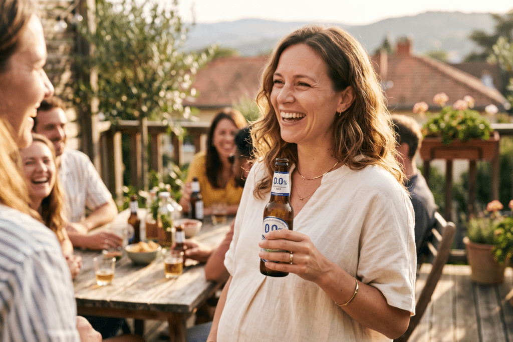Mujer embarazada disfrutando de una cerveza 0,0 en una terraza con amigas