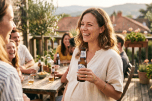 Mujer embarazada disfrutando de una cerveza 0,0 en una terraza con amigas