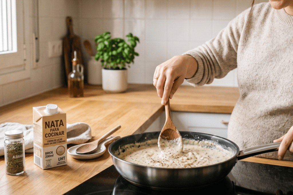 Mujer embarazada cocinando una salsa con nata para cocinar