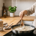 Mujer embarazada cocinando una salsa con nata para cocinar