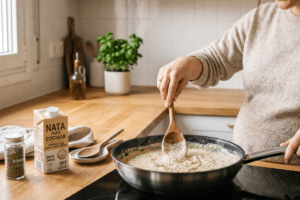Mujer embarazada cocinando una salsa con nata para cocinar