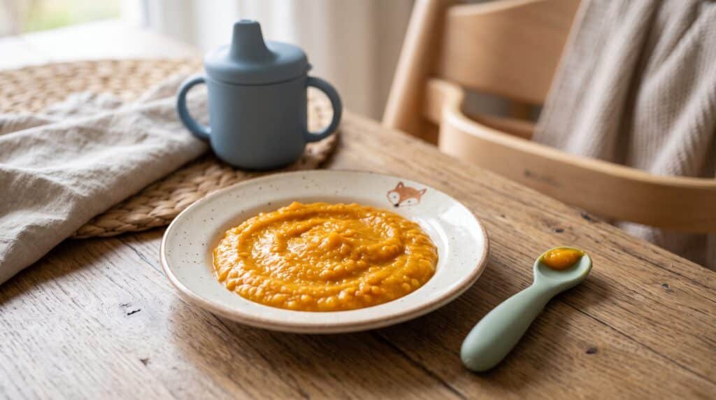 Receta de Puré espeso de lentejas rojas y calabaza rico en hierro para bebés desde los seis meses